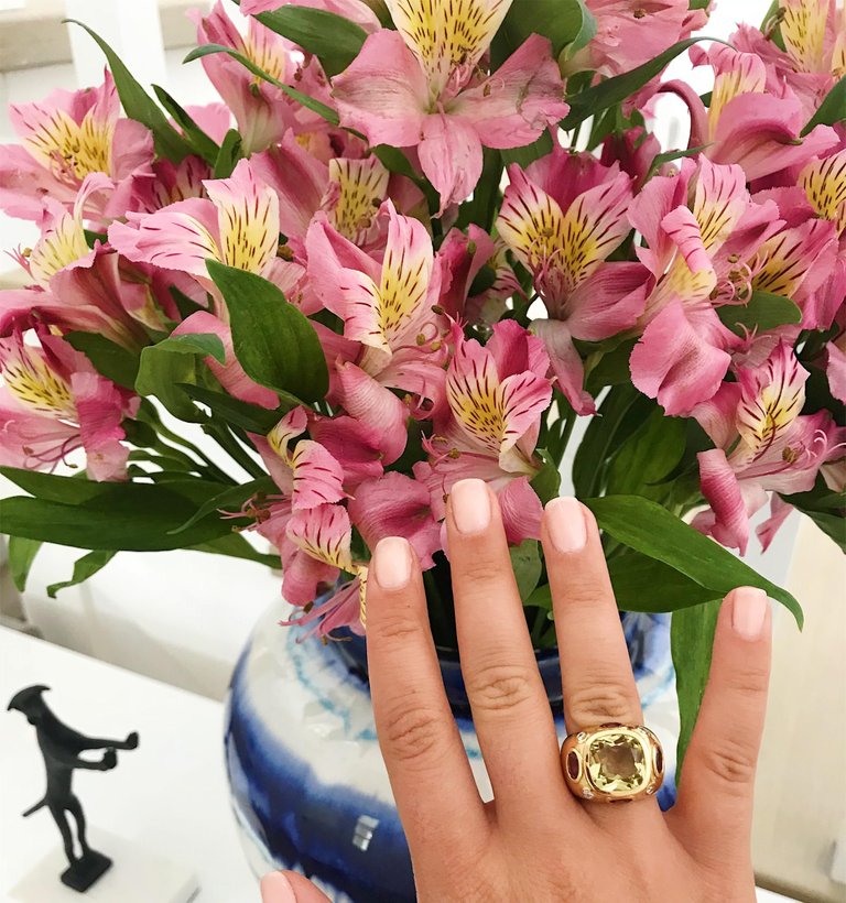 18kt Bonheur Ring with Lemon Citrine and Pink Topaz and Diamonds