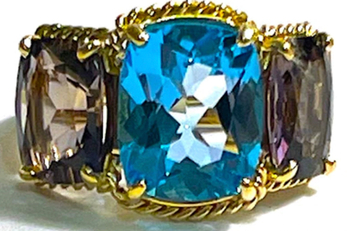 18kt Yellow Gold Cushion Cut Earring with Rope Twist Border with Blue Topaz and Green Quartz