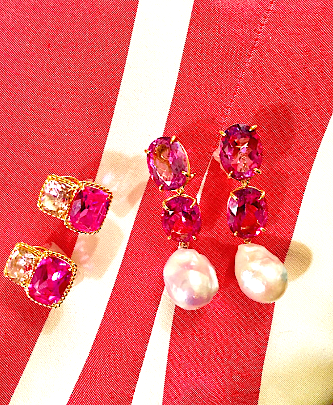 18kt Yellow Gold Light Pink Topaz & Deep Pink Topaz Cushion Cut Earrings with Twisted Rope Border