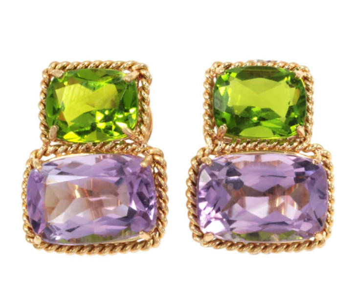 18kt Yellow Gold Cushion Cut Earring with Rope Twist Border with Blue Topaz and Green Quartz