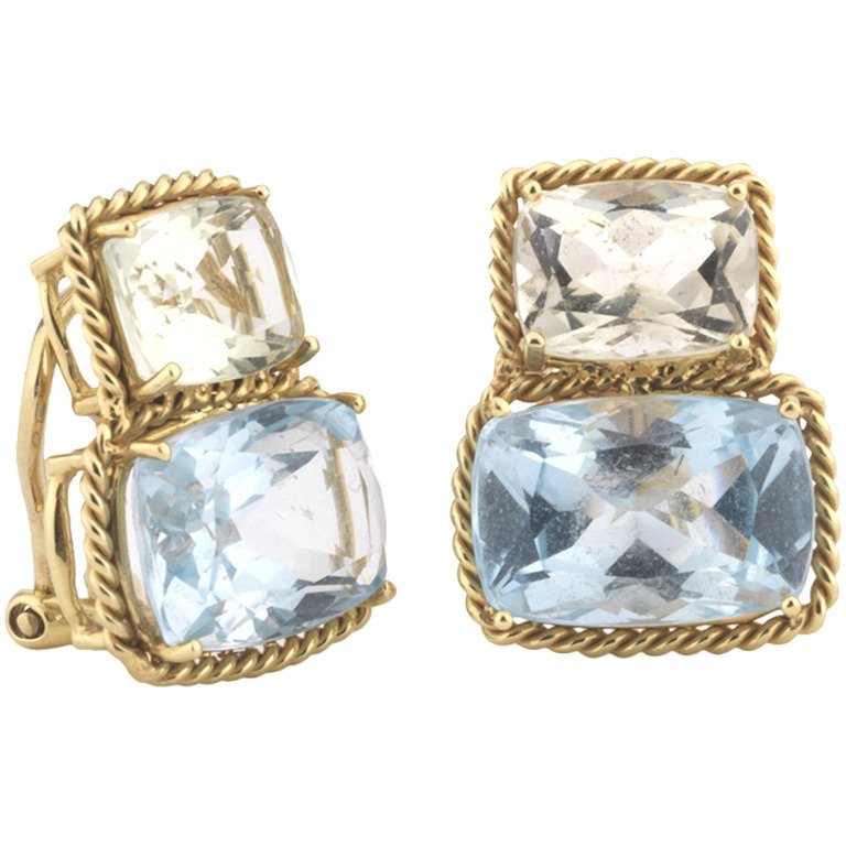 18kt Yellow Gold Cushion Cut Earring with Rope Twist Border with Blue Topaz and Green Quartz