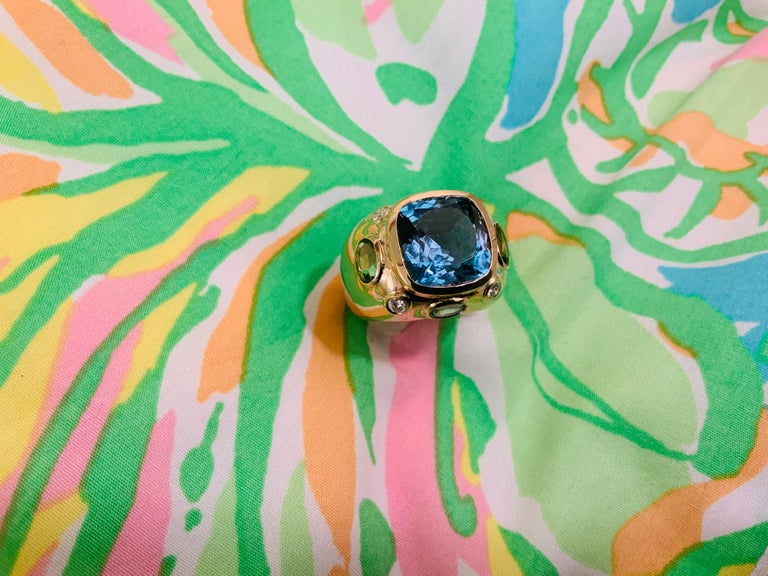 Bonheur Ring, Dark Blue Topaz, Peridot, Blue Topaz and Diamond Domed Ring