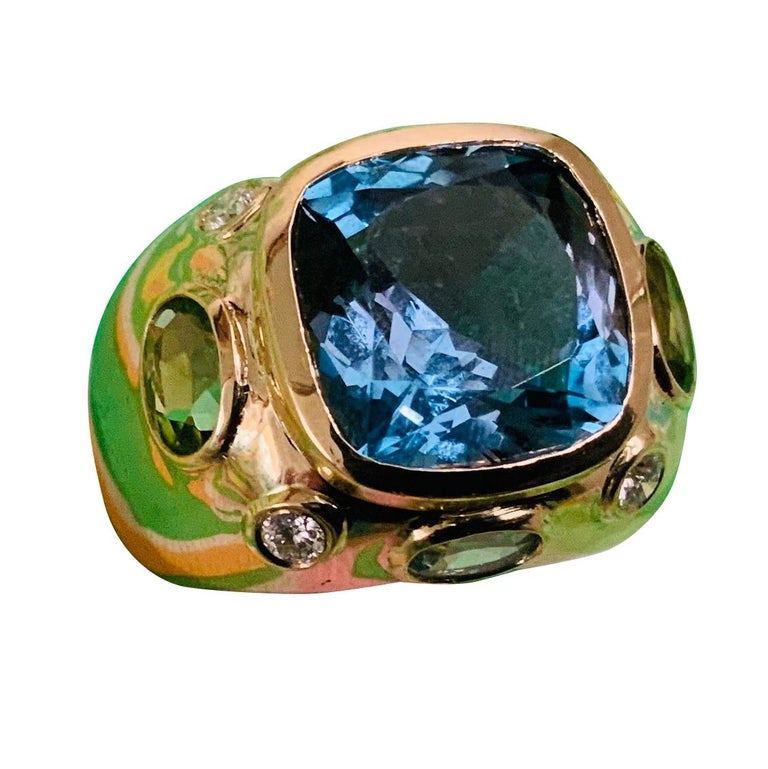 Bonheur Ring with Blue Topaz, Amethyst and Diamond Domed Ring