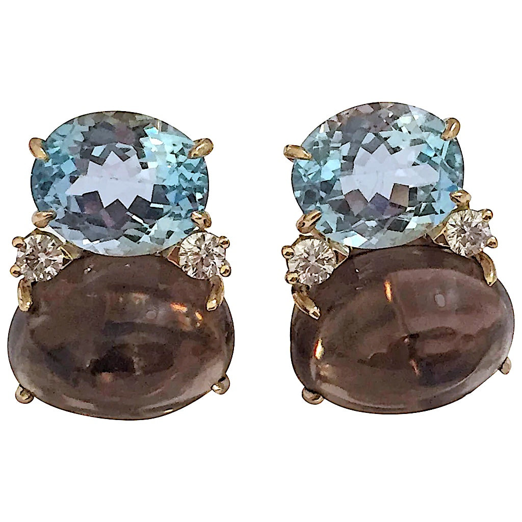 Large GUM DROP™ Earrings with Blue Topaz and Cabochon Smoky Topaz and Diamonds