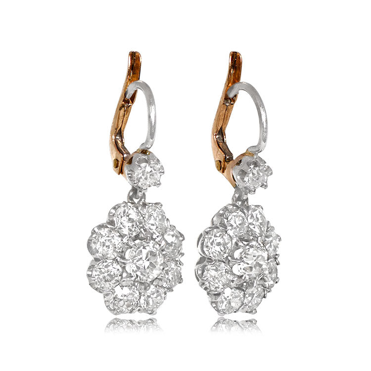 Beautiful Platinum and Diamond Cluster drop earrings with Euro Back
