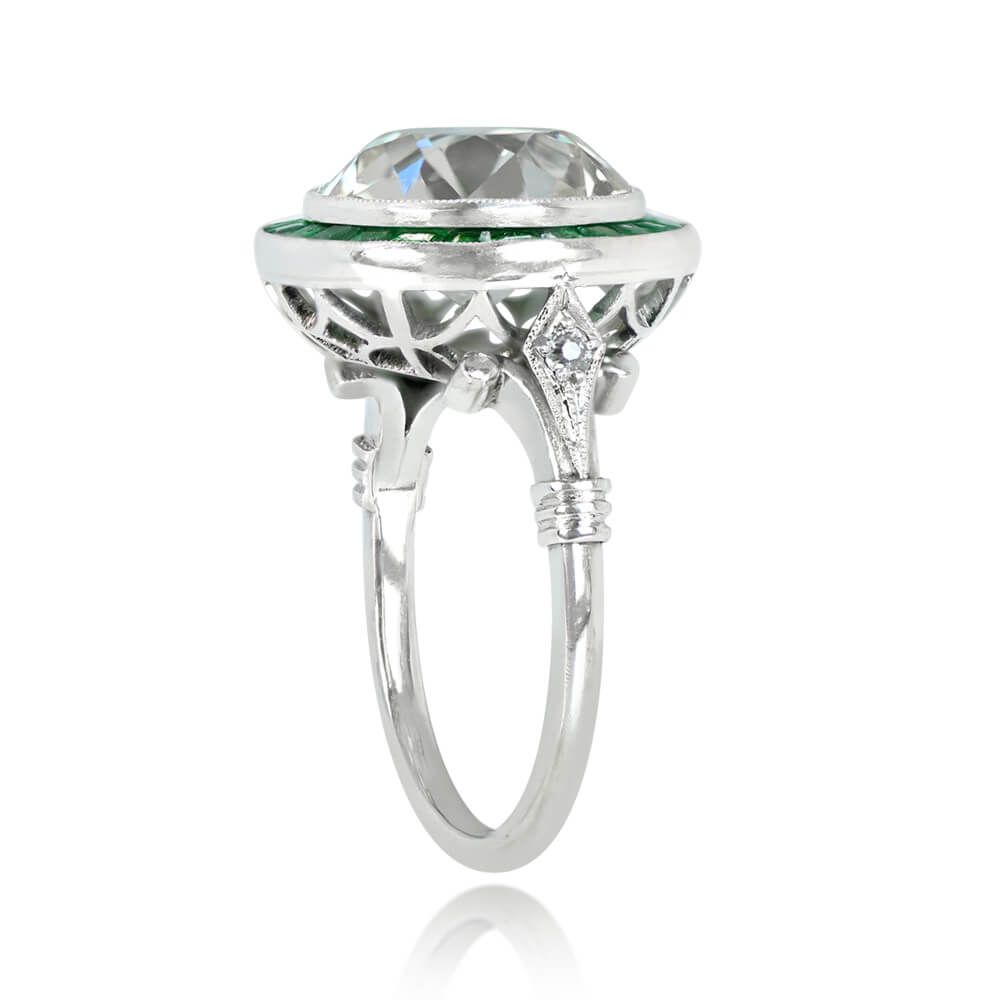 Platinum European cut Diamond and Emerald Ring