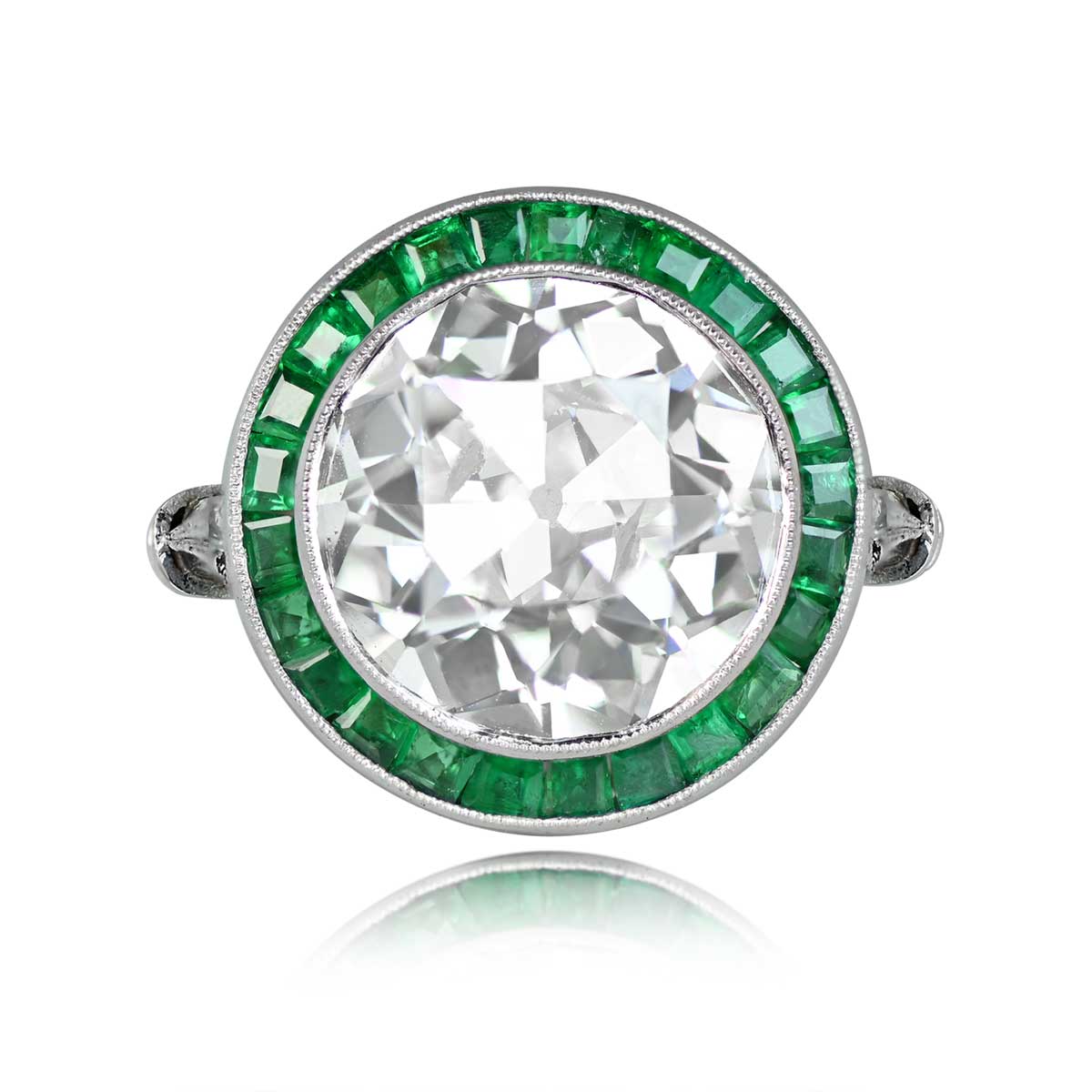 Platinum European cut Diamond and Emerald Ring