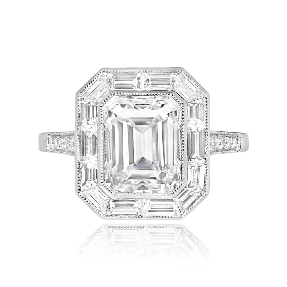 Platinum European cut Diamond and Emerald Ring
