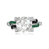 Platinum European cut Diamond and Emerald Halo set Ring