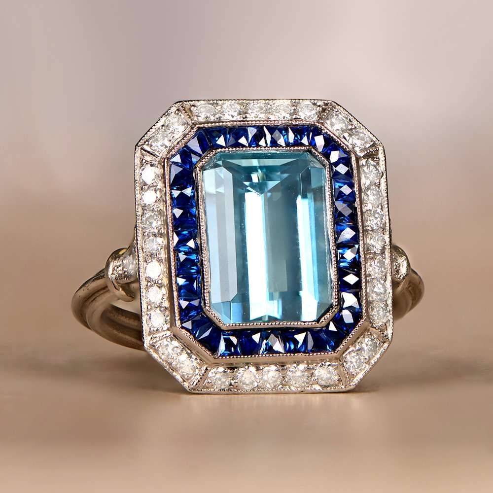 Platinum European cut Diamond and Emerald Ring