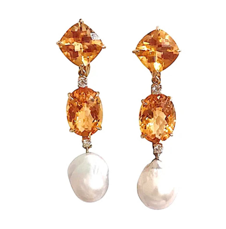 Yellow Gold Double Cushion Earrings with Rock Crystal and Smoky Topaz