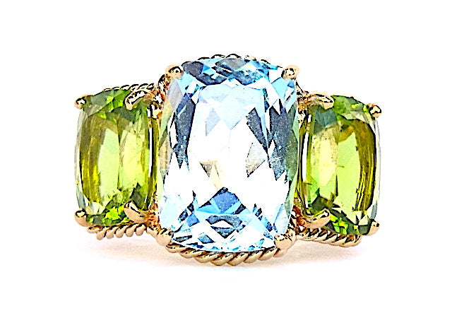 18kt Yellow Gold Mini Emerald Cut Ring with Blue Topaz and Peridot