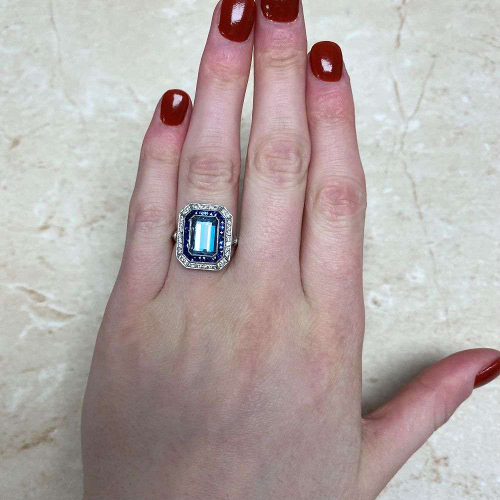 Platinum European cut Diamond and Emerald Ring