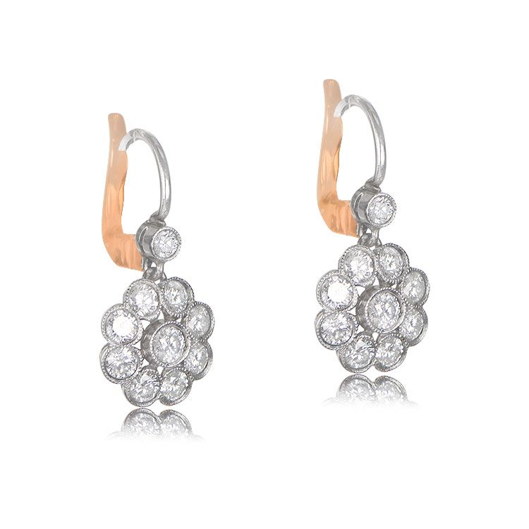 Floral motif diamond drop earring on wire with Euro backs