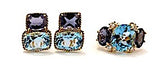 18kt Yellow Gold Blue Topaz and Rock Crystal Three Stone Ring with Rope Twist Border