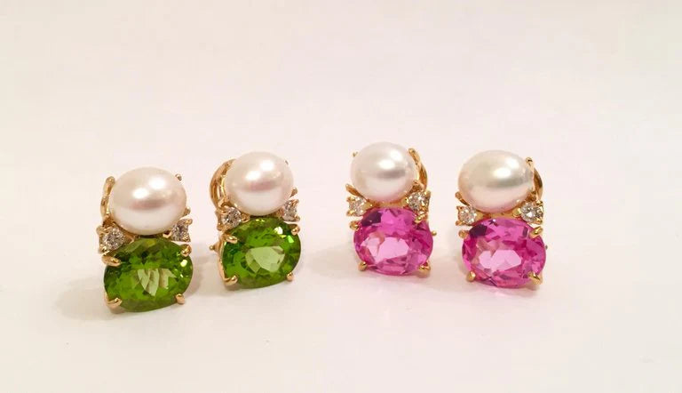 Large GUM DROP™ Earrings with Pearls and Pink Topaz and Diamonds