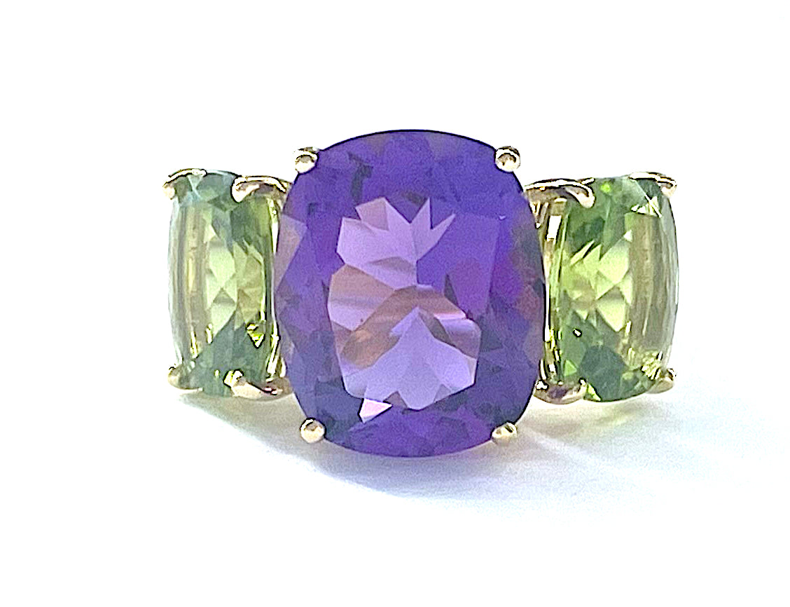 Amethyst and Peridot Yellow Gold Three-Stone Cushion Ring