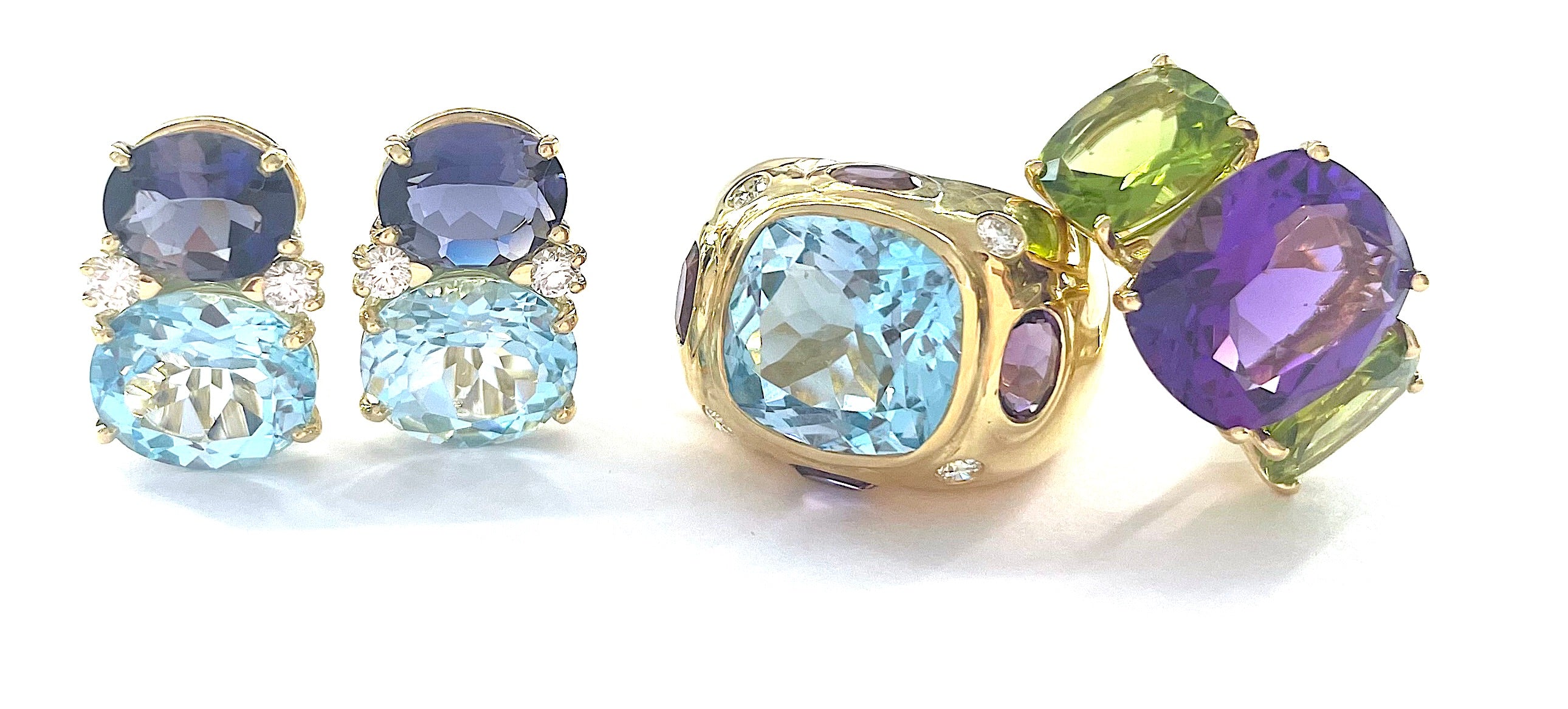 18kt Yellow Gold Mini Emerald Cut Ring with Blue Topaz and Peridot