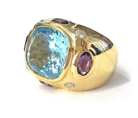 Bonheur Domed Ring with Blue Topaz, Amethyst and Diamond