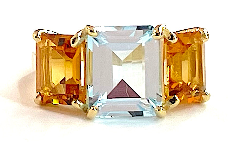 18kt Yellow Gold Mini Emerald Cut Ring with Blue Topaz and Peridot
