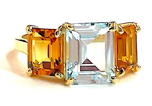18kt Yellow Gold Mini Emerald Cut Ring with Blue Topaz and Peridot