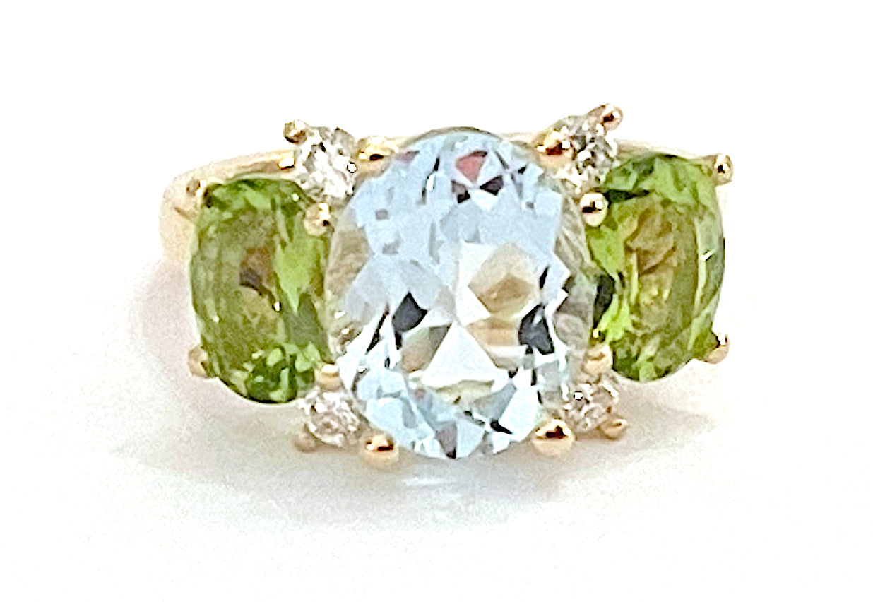 18kt Yellow Gold Mini Emerald Cut Ring with Blue Topaz and Peridot