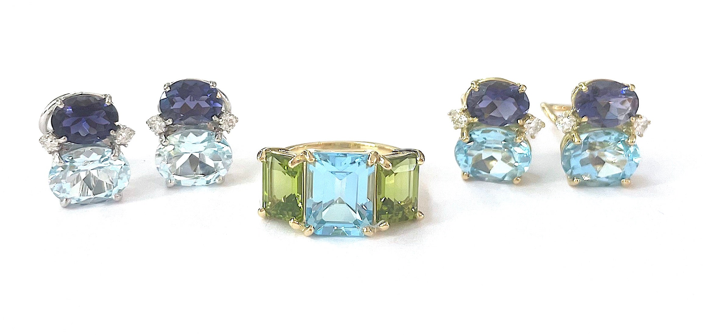 Small GUM DROP™ Ring with Bright Pink Topaz and Blue Topaz and Diamonds