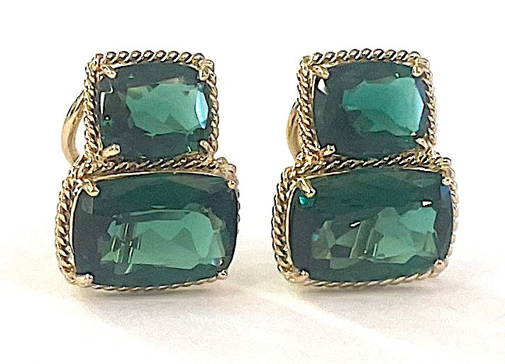 18kt Yellow Gold Cushion Cut Earring with Rope Twist Border with Blue Topaz and Green Quartz