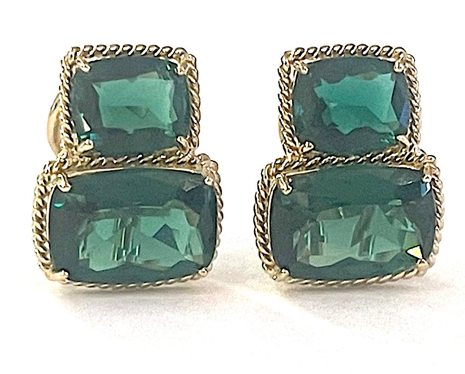 18kt Yellow Gold Cushion Cut Earring with Rope Twist Border with Blue Topaz and Green Quartz