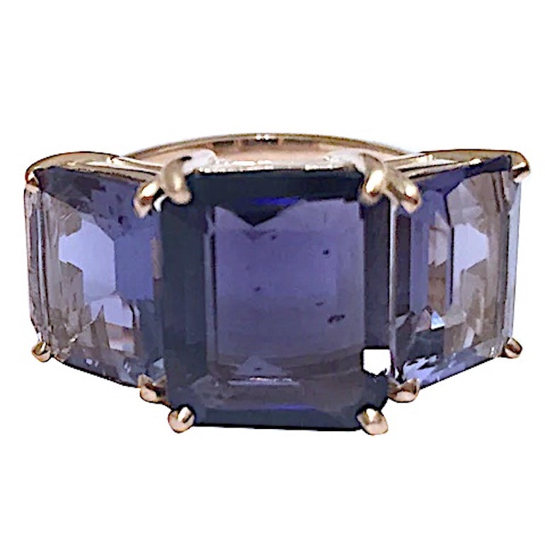 Bold Emerald Cut Iolite Three Stone Ring