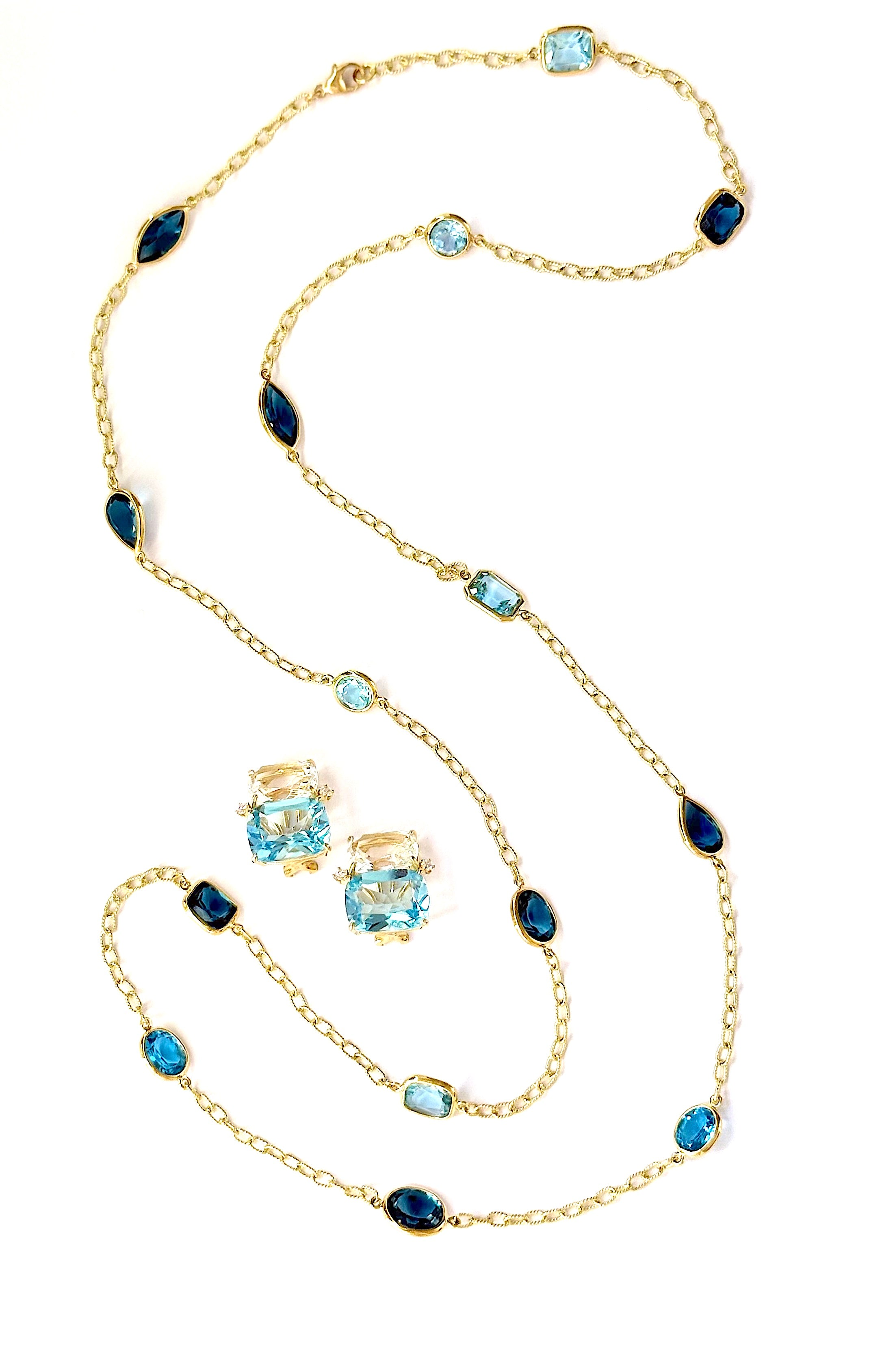 Elegant Multi Color Blue Topaz Necklace on twisted Link chain