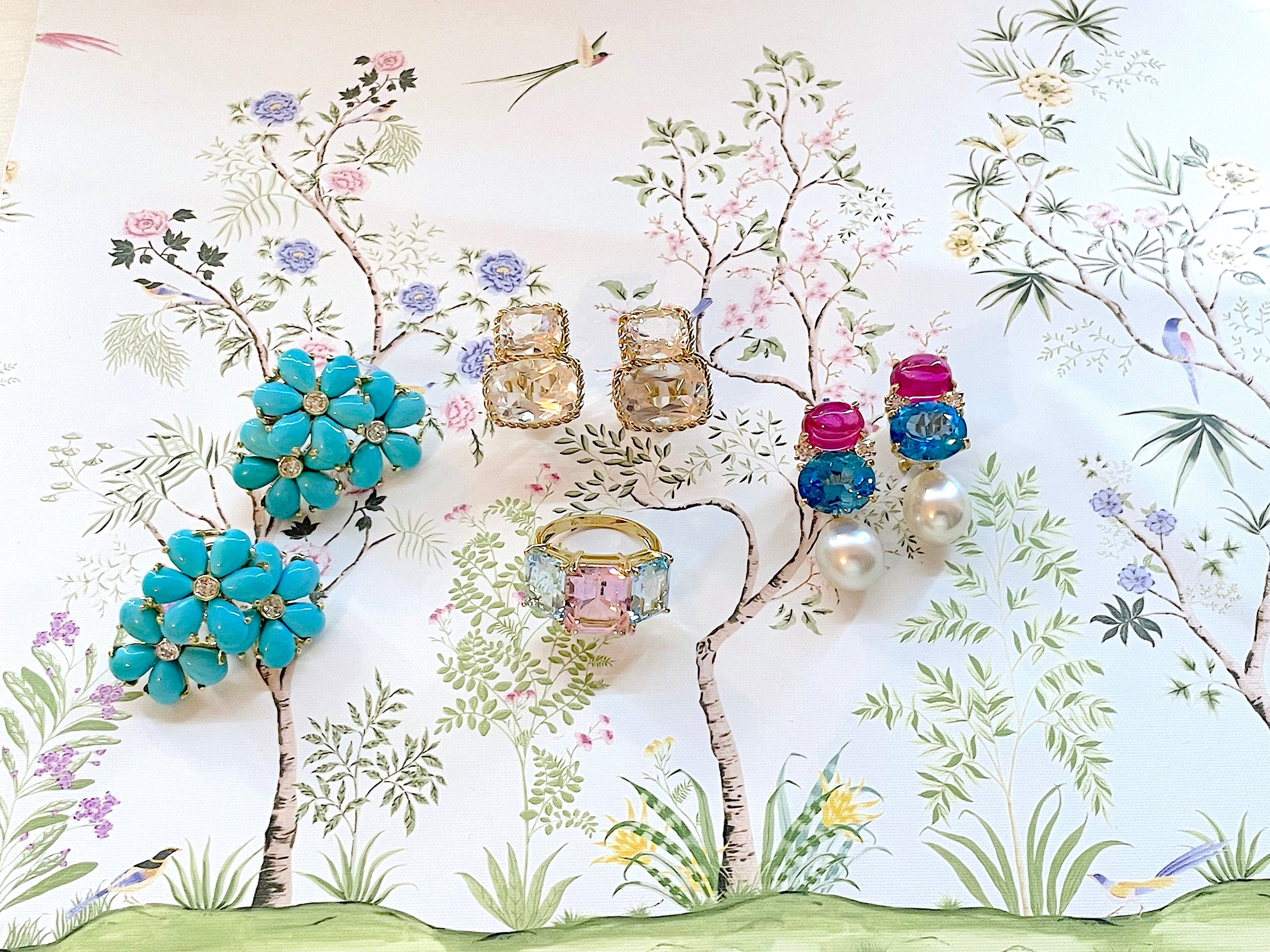 Medium GUM DROP™ Earrings with Pink Topaz and Blue Topaz and Diamonds with Detachable Pearls