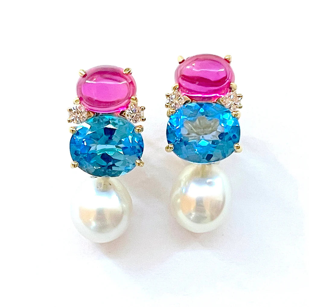 Large GUM DROP™ Earrings with Pearls and Pink Topaz and Diamonds