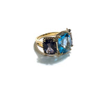 18kt Yellow Gold Blue Topaz and Rock Crystal Three Stone Ring with Rope Twist Border