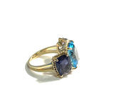 18kt Yellow Gold Blue Topaz and Rock Crystal Three Stone Ring with Rope Twist Border