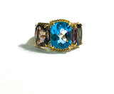 18kt Yellow Gold Blue Topaz and Rock Crystal Three Stone Ring with Rope Twist Border