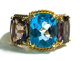 18kt Yellow Gold Blue Topaz and Rock Crystal Three Stone Ring with Rope Twist Border