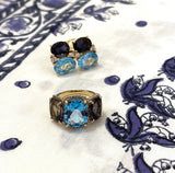 18kt Yellow Gold Blue Topaz and Rock Crystal Three Stone Ring with Rope Twist Border