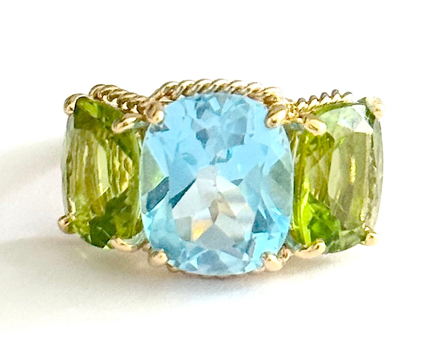 18Kt Yellow Gold Double Cushion Peridot and Blue Topaz Earrings