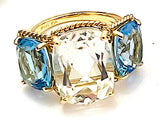 18kt Yellow Gold Blue Topaz and Rock Crystal Three Stone Ring with Rope Twist Border