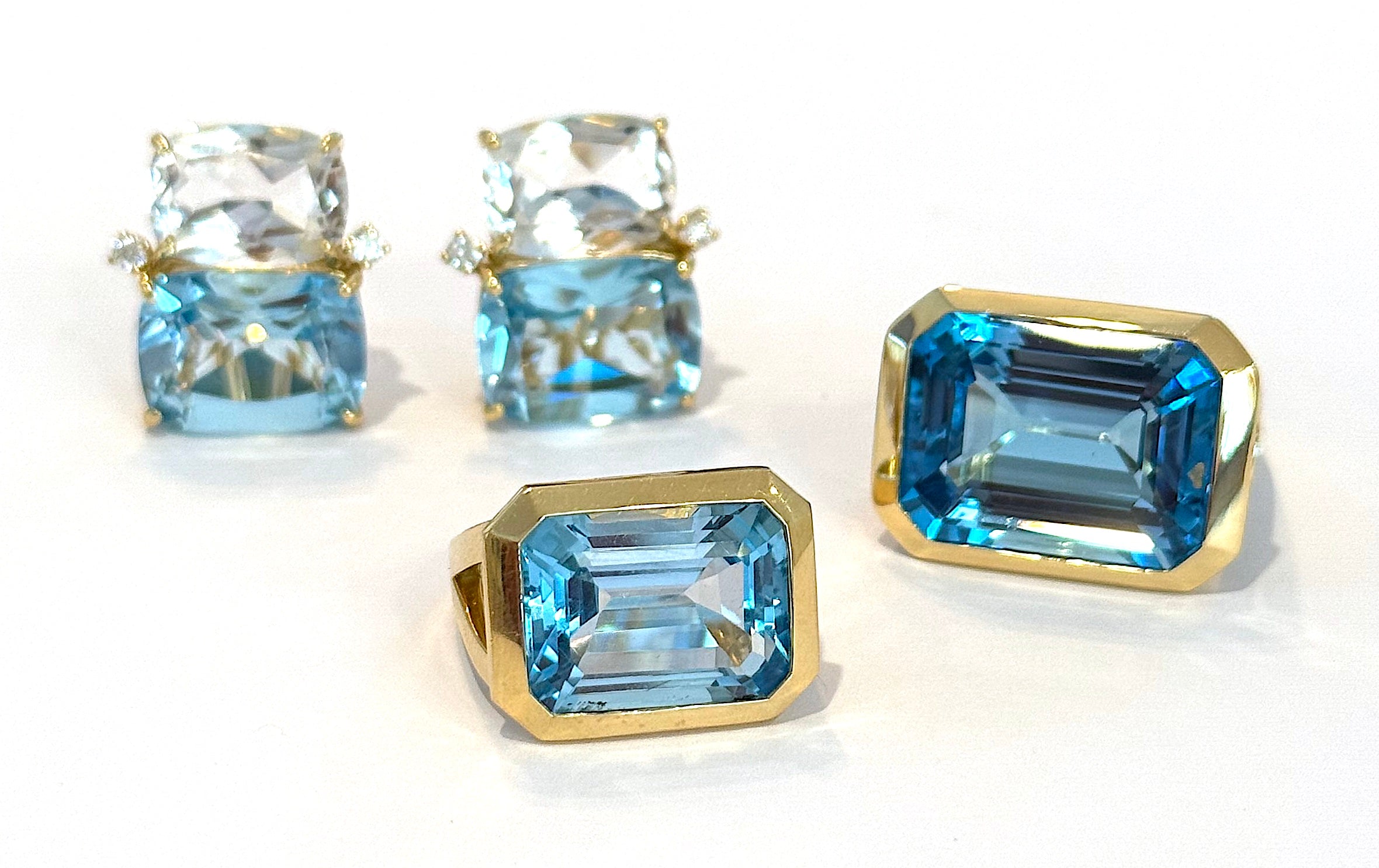 18Kt Yellow Gold Double Cushion Peridot and Blue Topaz Earrings