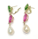 Elegant Three-Stone Drop Earring with Peridot, Pink Topaz, Baroque Pear and Diamonds