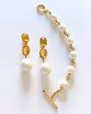 Elegant Three-Stone Drop Earring with Oval Citrine and Baroque Pearl