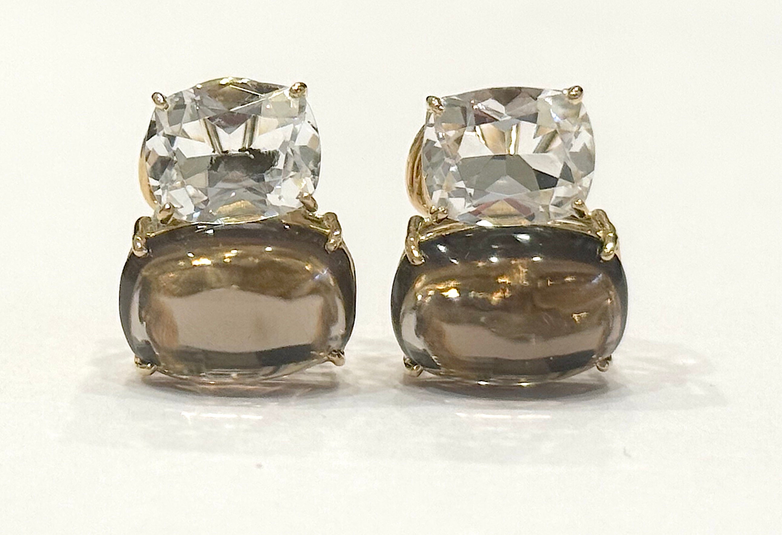 Yellow Gold Double Cushion Earrings with Rock Crystal and Smoky Topaz