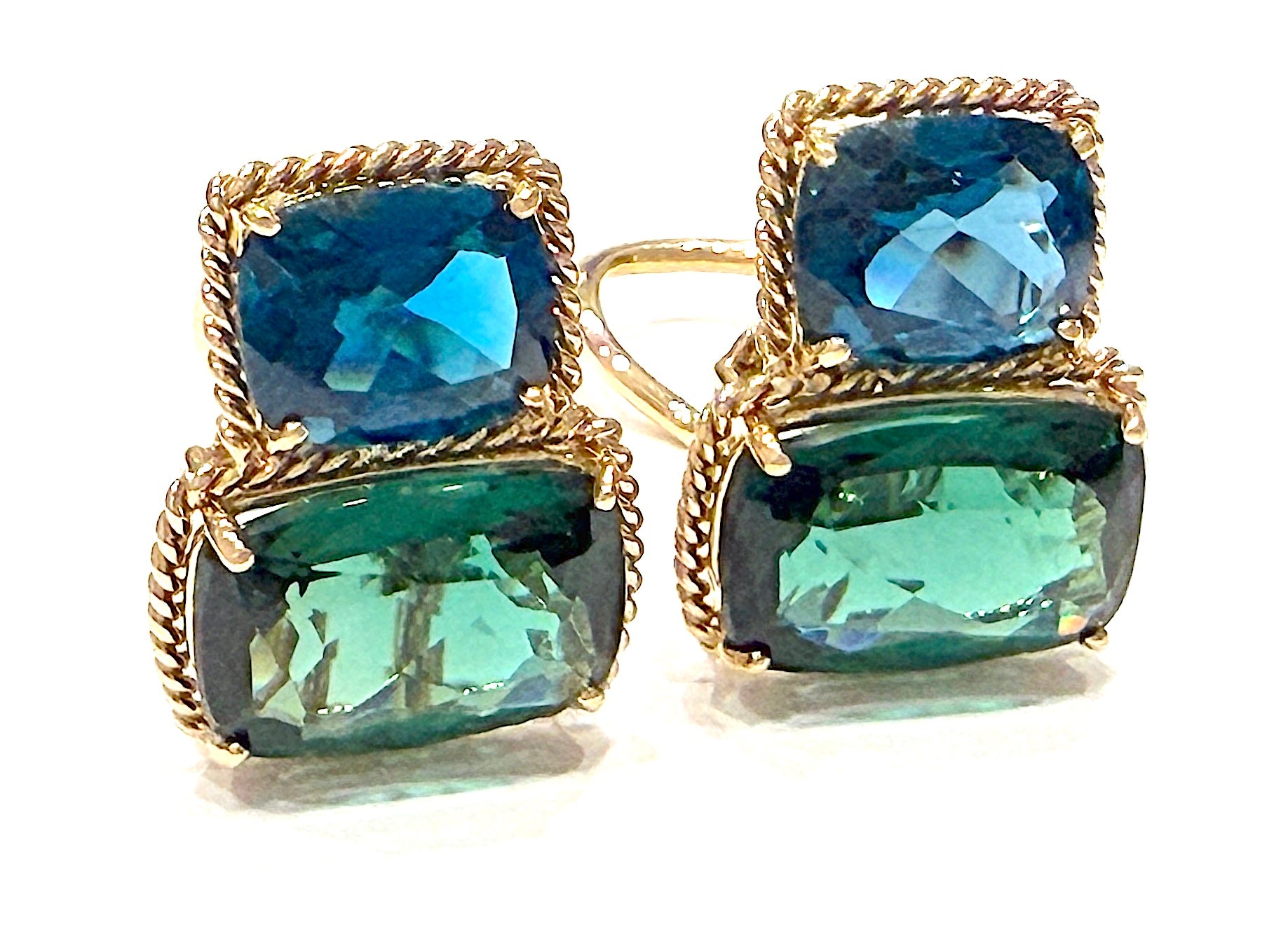 18kt Yellow Gold Cushion Cut Earring with Rope Twist Border with Blue Topaz and Green Quartz