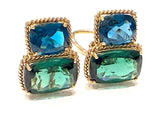 18kt Yellow Gold Cushion Cut Earring with Rope Twist Border with Green Quartz