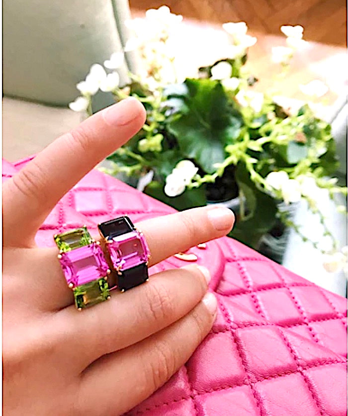 18kt Yellow Gold Mini Emerald Cut Ring with Blue Topaz and Peridot