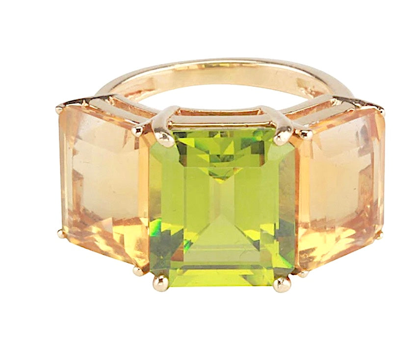 18kt Yellow Gold Mini Emerald Cut Ring with Blue Topaz and Peridot