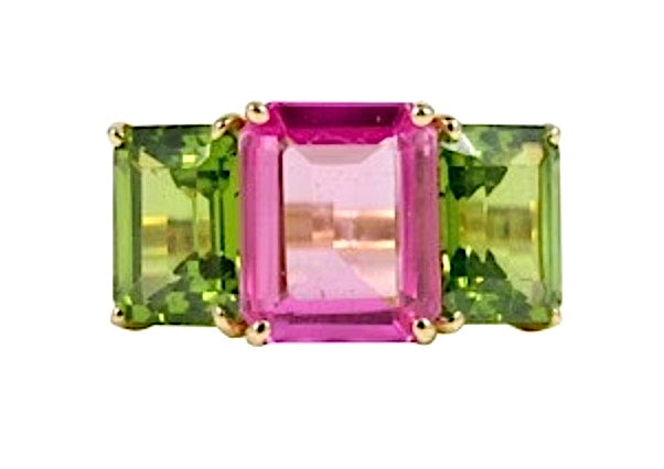 18kt Yellow Gold Mini Emerald Cut Ring with Blue Topaz and Peridot