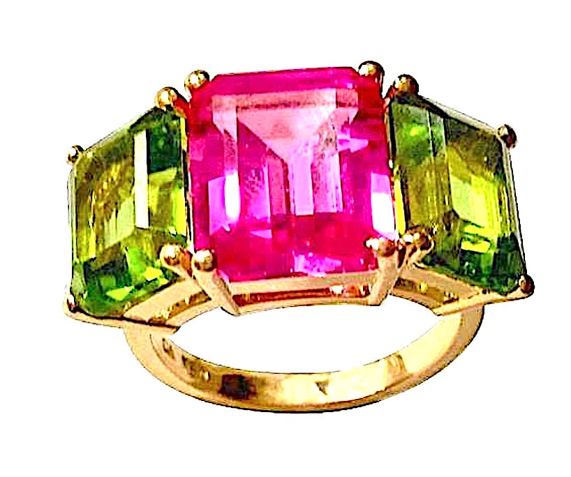 18kt Yellow Gold Mini Emerald Cut Ring with Blue Topaz and Peridot